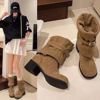 Женские замшевые ботинки челси средней длины, зимние массивные модные дизайнерские туфли, новые брендовые прогулочные ботинки в готическом стиле, женские повседневные ботинки Zapatos 35