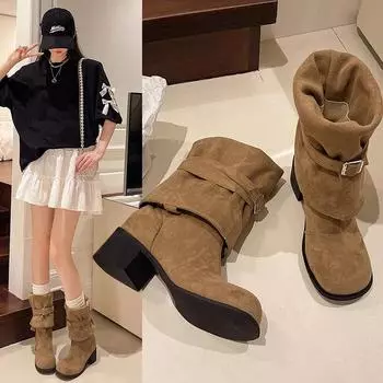 Женские замшевые ботинки челси средней длины, зимние массивные модные дизайнерские туфли, новые брендовые прогулочные ботинки в готическом стиле, женские повседневные ботинки Zapatos 35