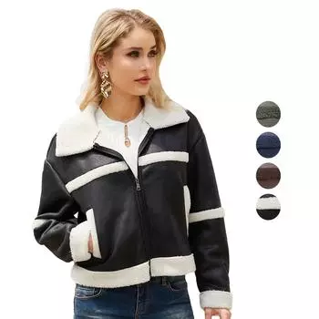 Женские замшевые куртки из искусственной кожи, плюшевая флисовая подкладка, короткое пальто на молнии с лацканами, ветрозащитная теплая куртка-бомбер с длинными рукавами, свободная верхняя одежда 2XL коричневый