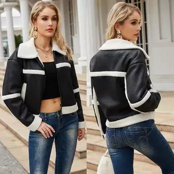 Женские замшевые куртки из искусственной кожи, плюшевая флисовая подкладка, короткое пальто на молнии с лацканами, ветрозащитная теплая куртка-бомбер с длинными рукавами, свободная верхняя одежда S коричневый