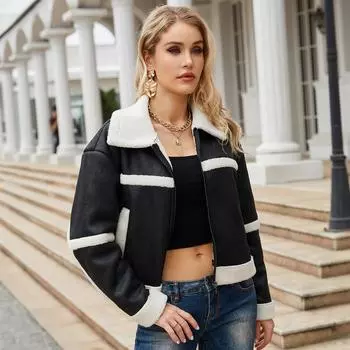 Женские замшевые куртки из искусственной кожи, плюшевая флисовая подкладка, короткое пальто на молнии с лацканами, ветрозащитная теплая куртка-бомбер с длинными рукавами, свободная верхняя одежда S коричневый