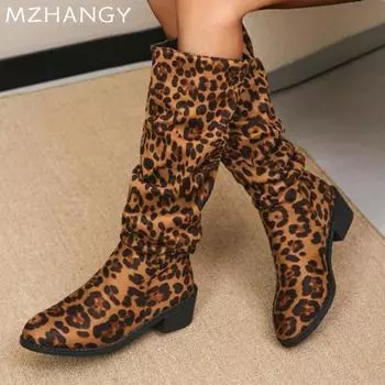 Женские замшевые леопардовые высокие сапоги на среднем каблуке, высокие сапоги до колена, женская тенденция 2025 года, зимняя мода, готика, снежные ретро-сапоги для мотоциклистов, Mujer 35 бежевый