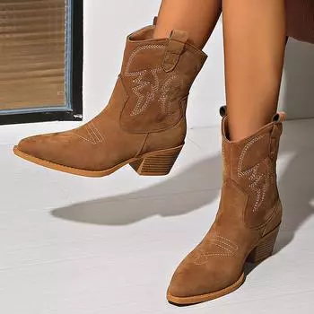 Женские замшевые остроносые ботинки челси с вышивкой в стиле ретро на среднем каблуке, новые зимние дизайнерские туфли Goth Zapatillas Lady 36