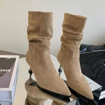 Женские замшевые остроносые ботинки челси, женские сексуальные ботинки до середины голени, новые зимние туфли на каблуках, роскошные туфли-лодочки для вечеринок, модная готическая обувь 35