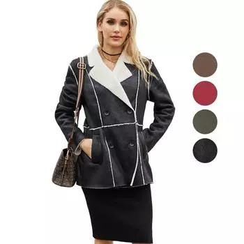 Женские замшевые пальто средней длины Блейзеры из искусственной кожи с плюшевой флисовой подкладкой и лацканами Двубортные куртки из искусственной кожи Для работы в офисе Осень-зима Верхняя одежда S чёрный