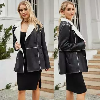 Женские замшевые пальто средней длины Блейзеры из искусственной кожи с плюшевой флисовой подкладкой и лацканами Двубортные куртки из искусственной кожи Для работы в офисе Осень-зима Верхняя одежда S коричневый