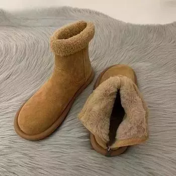 Женские замшевые полусапожки, зимние, с молнией сзади, бархатные, плоские, женские туфли, модные, женские, теплые, короткие, из хлопка, размеры 35-40 35 абрикосовый