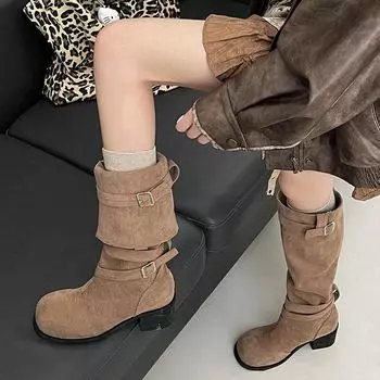 Женские замшевые сапоги челси до колена, осенние туфли на толстом каблуке, женская обувь 2024 года, новинка, прогулочные, готические, с пряжкой на ремне, цвета хаки, длинные, женские ботинки 35 хаки