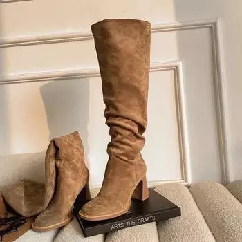 Женские замшевые сапоги до колена на высоком каблуке, массивные туфли, зимняя мода, ботинки челси 2024 года, новые туфли для ходьбы, туфли-лодочки, брендовая женская обувь 35 хаки