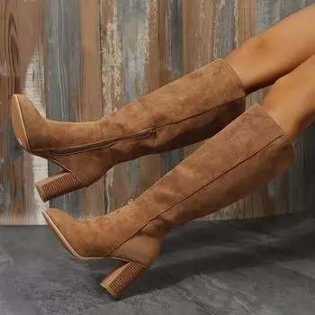 Женские замшевые сапоги до колена, женские однотонные сапоги с острым носком, высокие сапоги в стиле ретро на высоком каблуке, римские туфли 2024 года, женские длинные сапоги на осень-зиму 36 чёрный