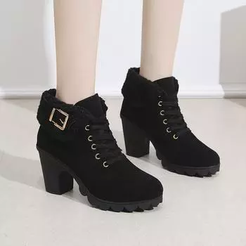 Женские замшевые сапоги европейского и американского производства, осень 2024 г., новые короткие ботинки «Челси» на толстой подошве, женская обувь с пряжкой на ремне, Zapatos Mujer 35 чёрный
