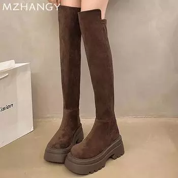 Женские замшевые сапоги на платформе, высокие сапоги выше колена, туфли на высоком каблуке, женская мода 2025 года, зимние элегантные мотоциклетные сапоги для зимы, Mujer Botas 35 чёрный