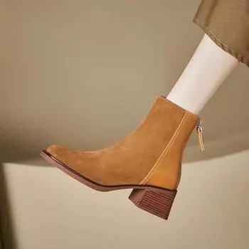 Женские замшевые сапоги с грубым каблуком 34 коричневый