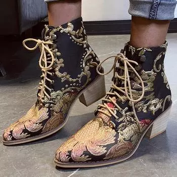 Женские замшевые сапоги Sagit в стиле ретро на квадратном каблуке с вышивкой, ботинки на шнуровке, туфли с острым носком 37 чёрный