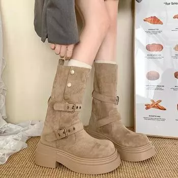 Женские замшевые сапоги Женские толстые сапоги Повседневные женские ботильоны 39 хаки