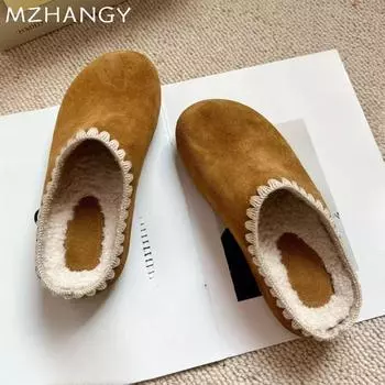 Женские замшевые тапочки на платформе из хлопка на плоской подошве, туфли-мюли для женщин 2025 года, модные повседневные теплые хлопковые туфли для зимы, шлепанцы 35 бежевый