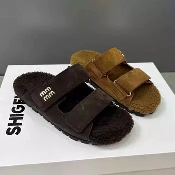 Женские замшевые тапочки на плоской подошве, теплые плюшевые хлопковые туфли, модные мюли, шлепанцы с открытой пяткой, зима 2025, тренд, повседневные, Zapatos Mujer 35 верблюд