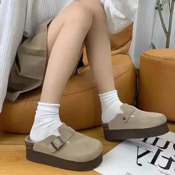 Женские замшевые туфли-мюли в стиле ретро, туфли на платформе, бостонские сабо, туфли на плоской подошве, модная повседневная обувь на толстой подошве 2024 35