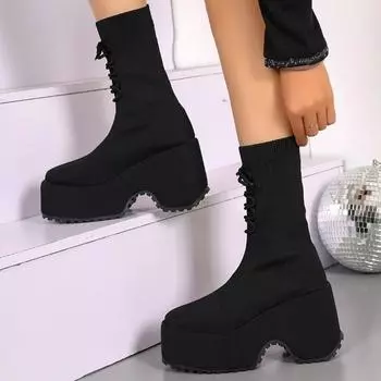 Женские замшевые туфли на платформе с высоким каблуком, зимние носки, дизайнерские теплые вязаные повседневные туфли, зимние трендовые туфли в готическом стиле Chelsea Botas Mujer 35 чёрный