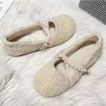 Женские замшевые туфли на плоской подошве с бусинами, трендовые туфли Marie Janes 2025, зимние новые элегантные туфли Lolita Luxury Party Shoes Dress Zapatillas Mujer 35 абрикосовый