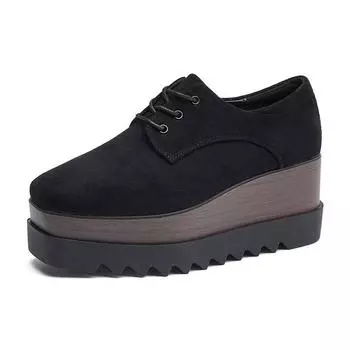 Женские замшевые туфли на танкетке с квадратным носком и шнуровкой, весна 2024, новинка на платформе, на платформе, весна 2024, универсальные британские туфли HZB 34 чёрный