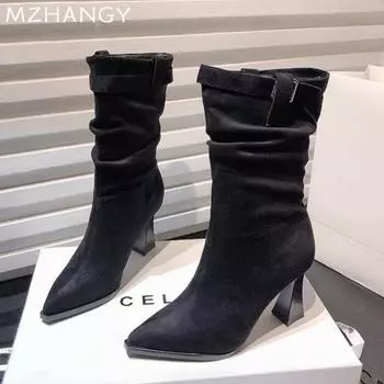 Женские замшевые туфли на высоком каблуке с острым носком, женская обувь 2025 года, зимнее элегантное платье, новые туфли-лодочки, ботинки челси, женские туфли 35 чёрный