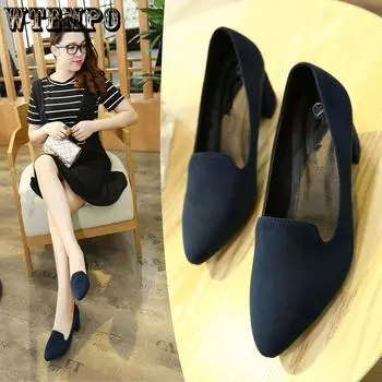 Женские замшевые туфли с острым носком, лоферы на низком блочном каблуке, кожаные дышащие туфли-лодочки, женская обувь 33 синий