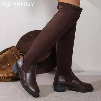 Женские замшевые высокие сапоги, массивные туфли выше колена, женская обувь 2025 года, зимние низкие каблуки, зимние новые байкерские сапоги для женщин, ботинки 35 чёрный