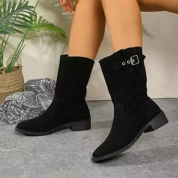 Женские замшевые высокие сапоги на каблуках, зимняя новая модная обувь для ходьбы, женская трендовая обувь 2024 года, зимние сапоги, уютное платье, женские туфли-челси, ботинки 35 чёрный
