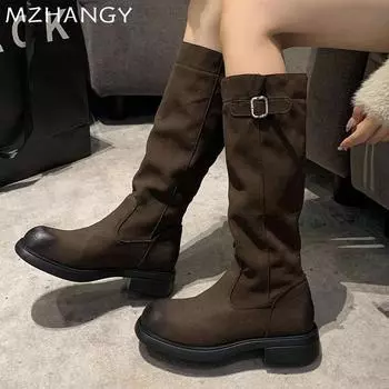 Женские замшевые высокие сапоги на плоской подошве, высокие сапоги до колена, женские зимние дизайнерские ретро-платья в готическом стиле, теплые мотоциклетные сапоги Mujer Botas 35 чёрный