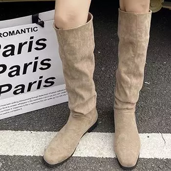 Женские замшевые высокие сапоги на плоской подошве, зимняя модная обувь, женские трендовые 2024 новые мотоциклетные сапоги, удобное прогулочное платье Mujer Zapatos 35 хаки