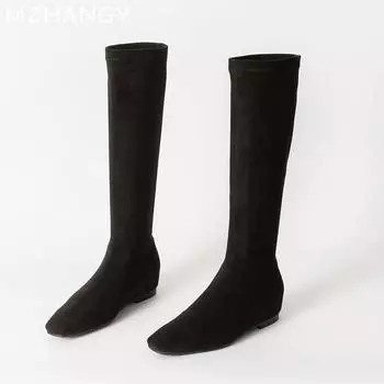 Женские замшевые высокие сапоги на плоской подошве с квадратным носком, женские модные ботинки челси 2025 года, зимние готические походные ботинки для женщин, новые зимние мотоциклетные ботинки для женщин 35