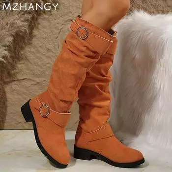Женские замшевые высокие сапоги на плоской подошве, высокие сапоги до колена, женская мода 2025 года, зимние платья с пряжкой, готические зимние сапоги для ходьбы, Mujer Botas 36