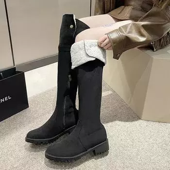 Женские замшевые высокие сапоги на толстой подошве, зимние сапоги 2024 года, новые теплые хлопковые туфли на меху, туфли на среднем каблуке, туфли на платформе для мотоциклистов, трендовые ботинки 35 чёрный