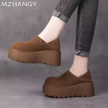 Женские замшевые зимние ботинки на платформе, туфли на плоской подошве, женская мода 2025 года, зимние удобные прогулочные новые ботильоны для мотоциклистов Mujer Botas 35 чёрный