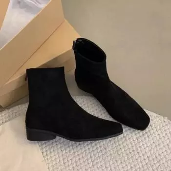 Женские замшевые зимние ботинки на щиколотку, модные зимние плюшевые теплые хлопковые туфли на среднем каблуке 2025 года, дизайнерские туфли Chelsea Botas Mujer 35 чёрный