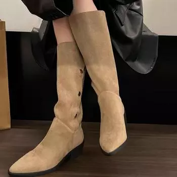 Женские заостренные носки до колена высокие сапоги челси замшевые туфли на среднем каблуке 2024 зимняя мода вечерние туфли туфли-лодочки сексуальные прогулочные Mujer Zapatos 35 хаки