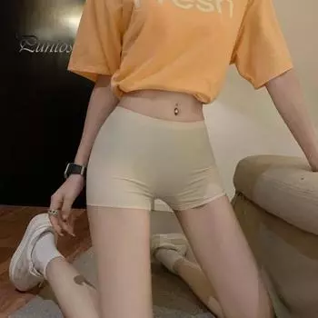Женские защитные брюки, высокая эластичность, сплошной цвет, ледяной шелк, бесшовные, защита от воздействия, средняя талия, быстросохнущая мини-юбка, внутренние шорты, шорты для йоги, трусы M бежевый