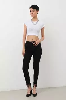 Женские зауженные джинсовые брюки с бахромой, черные