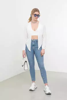 Женские зауженные джинсы с высокой талией из лайкры голубого цвета