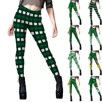 Женские зеленые эластичные леггинсы с принтом четырехлистного клевера для йоги, фитнеса, бега, спортзала, спортивных активных брюк XS чёрный