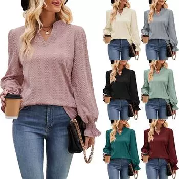 Женские жаккардовые трикотажные топы с длинным рукавом Mujer Casual Solid Color V-образный вырез Baggy Spring Autumn Tunic Tops Office Workwear T Shirts S серый