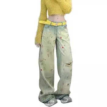 Женские желто-синие контрастные готические джинсы Harajuku Y2k Эстетические мешковатые джинсовые брюки 90-х годов Джинсовые брюки в стиле панк Винтажная дрянная одежда 2000-х годов S бежевый