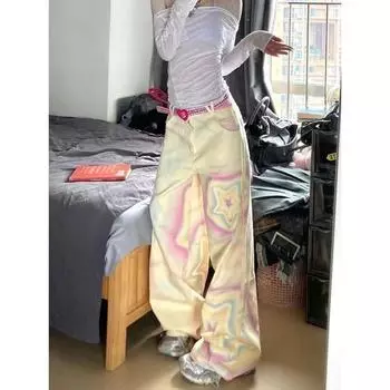 Женские желтые джинсы Y2k Harajuku 90-х годов Эстетические мешковатые джинсовые брюки с принтом звезд Корейские джинсовые брюки Винтаж 2000-х годов Kawaii Одежда S жёлтый