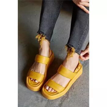 Женские желтые сандалии из натуральной кожи на толстой подошве Комфортные повседневные качественные стильные легкие сандалии