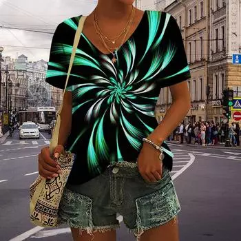 Женские желтые топы с v-образным вырезом и коротким рукавом с принтом фейерверков, свободная футболка, повседневная блузка XS зелёный