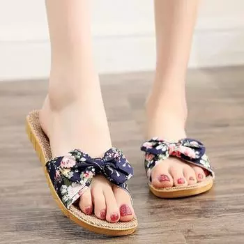 Женские женские тапочки в богемном стиле с бантом, льняные льняные шлепанцы, пляжная обувь, сандалии 39-40 темно-синий