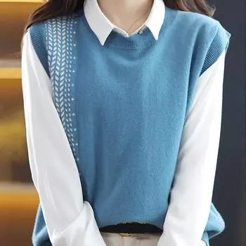 Женские жилеты свитера 2025 без рукавов с круглым вырезом черный вязаный жилет свитер женские топы JJ115 One Size чёрный