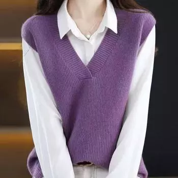 Женские жилеты свитера 2025 без рукавов V-образный вырез однотонный вязаный жилет свитер женские топы JJ116 One Size красный