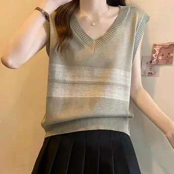 Женские жилеты свитера 2025 без рукавов V-образный вырез черный принт вязаный повседневный жилет свитер женские топы JJ251 One Size хаки